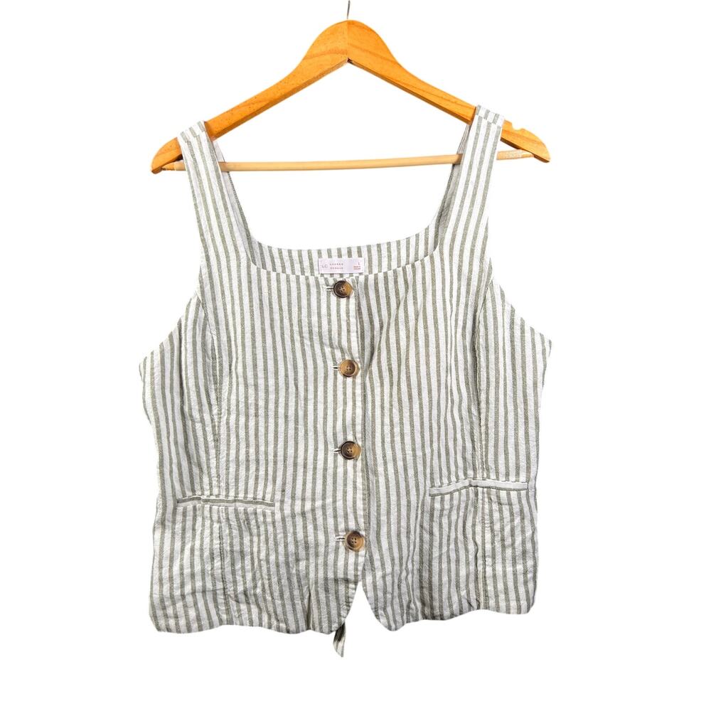 LC Lauren Conrad Women’s L Light Green STRIPED Square Neck Button Front Vest Top